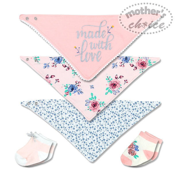 Motherschoice Baby Girls Floral Themed 5-Piece Bibs & Socks Set White/Pink IT2876