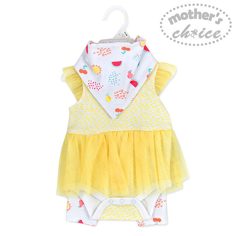 Motherschoice Infant Girls Fruits Themed 3 Piece Set Bodysuit, Pants & Bib Yellow/White IT2300