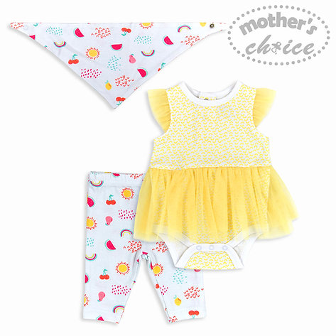 Motherschoice Infant Girls Fruits Themed 3 Piece Set Bodysuit, Pants & Bib Yellow/White IT2299