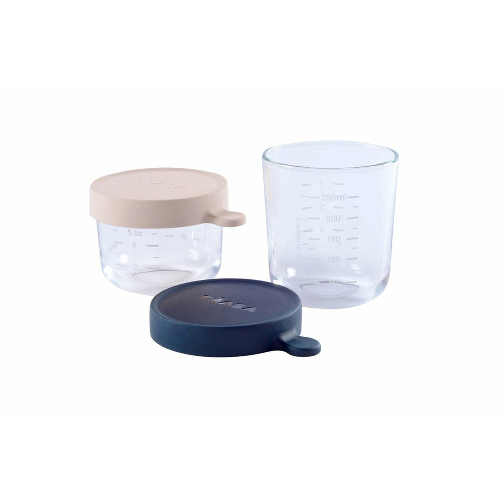 Beaba Conservation Jar Glass Set Of 2 (150Ml /250Ml) In Pink And Dark Blue Age- 4 Months & Above