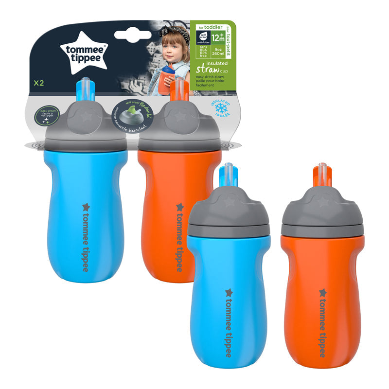 Tommee Tippee Insulated Sippee Cup (9oz, 12+ Months, 2 Count) Water Bottle  for Toddlers, Spill-Proof, BPA Free, Colorful and Playful Designs 